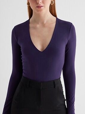 Express Body Contour V-Neck Long Sleeve Bodysuit Purple - XS
